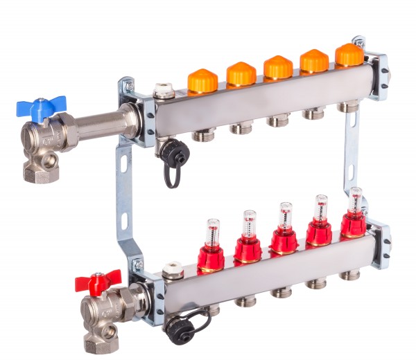 Dyna Heizkreisverteiler für Fußbodenheizung mit 5 Kreisen und automatischer Durchflussregelung