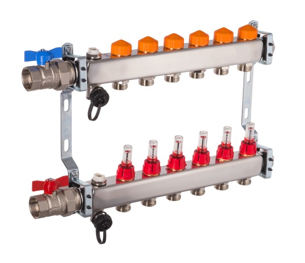 Dyna Heizkreisverteiler für Fußbodenheizung mit 6 Kreisen und automatischer Durchflussregelung