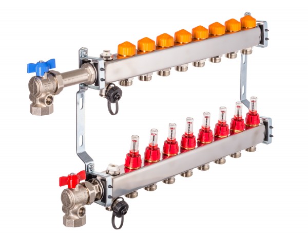 Dyna Heizkreisverteiler für Fußbodenheizung mit 8 Kreisen und automatischer Durchflussregelung