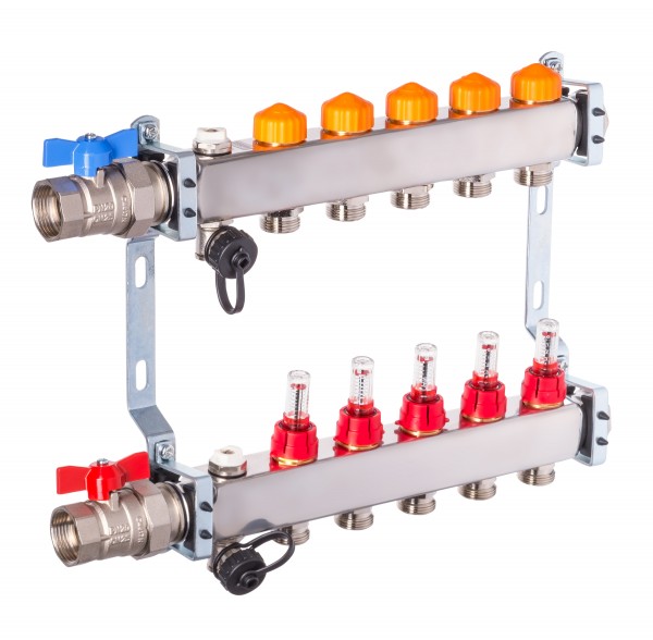 Dyna Heizkreisverteiler für Fußbodenheizung mit 5 Kreisen und automatischer Durchflussregelung